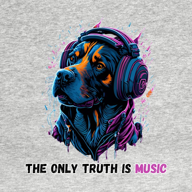 The only truth is music. Cute rotweiller dog wearing headphones by Stoiceveryday